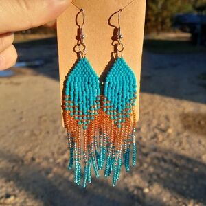 Turquoise And Copper Beaded Fringe Earrings